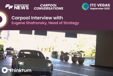 Ad ad featuring a photo of a sportscar at a hotel, with the text: Carpool interview with Eugene Shafronsky, Head of Strategy. The FF News logo, ITC Vegas logo and thinktum logos also appear.