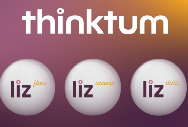 The thinktum wordmark is shown above the three liz balls, from the left flow, liz assess, then liz data.